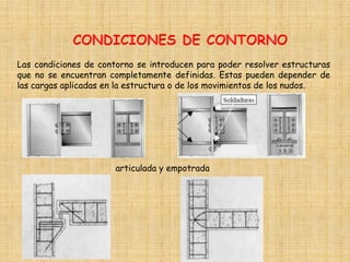 Las condiciones de contorno se introducen para poder resolver estructuras
que no se encuentran completamente definidas. Estas pueden depender de
las cargas aplicadas en la estructura o de los movimientos de los nudos.
articulada y empotrada
 