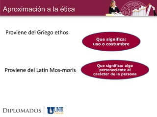 Aproximación a la ética


Proviene del Griego ethos
                                Que significa:
                               uso o costumbre




                                 Que significa: algo
Proviene del Latín Mos-moris      perteneciente al
                               carácter de la persona
 