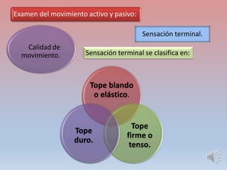 Examen del movimiento activo y pasivo:
Sensación terminal.
Calidad de
movimiento. Sensación terminal se clasifica en:
Tope...