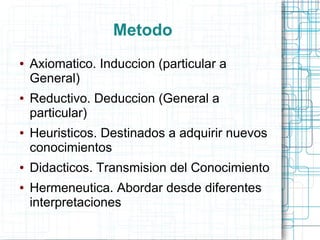 Metodo
●   Axiomatico. Induccion (particular a
    General)
●   Reductivo. Deduccion (General a
    particular)
●   Heuristicos. Destinados a adquirir nuevos
    conocimientos
●   Didacticos. Transmision del Conocimiento
●   Hermeneutica. Abordar desde diferentes
    interpretaciones
 