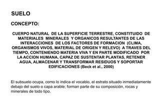 SUELO
CONCEPTO:
CUERPO NATURAL DE LA SUPERFICIE TERRESTRE, CONSTITUIDO DE
MATERIALES MINERALES Y ORGANICOS RESULTANTES DE LAS
INTERACCIONES DE LOS FACTORES DE FORMACION (CLIMA,
ORGANISMOS VIVOS, MATERIAL DE ORIGEN Y RELEVO) A TRAVES DEL
TIEMPO, CONTENIENDO MATERIA VIVA Y EN PARTE MODIFICADO POR
LA ACCION HUMANA, CAPAZ DE SUSTENTAR PLANTAS, RETENER
AGUA, ALMACENAR Y TRANSFORMAR RESIDUOS Y SOPORTAR
EDIFICACIONES (Beck et al., 2000)
El subsuelo ocupa, como lo indica el vocablo, el estrato situado inmediatamente
debajo del suelo o capa arable; forman parte de su composición, rocas y
minerales de todo tipo.
 