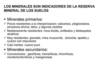 LOS MINERALES SON INDICADORES DE LA RESERVA
MINERAL DE LOS SUELOS
 Minerales primarios:
 Pocos resistentes a la interperizacion: calcareos, plagioclasios,
piroxenos,olivina, talco, y algunas zeolitas
 Medianamente resistentes: mica biotita, anfibolios y feldespatos
alcalinos
 Muy resistentes: granada, mica muscovita, zirconita, apatita y
cuarzo con impurezas
 Casi inertes: cuarzo puro
 Minerales secundarios:
 Concreciones : geotíticas, hematíticas, limoníticas,
montemoriloníticas y manganosas
 