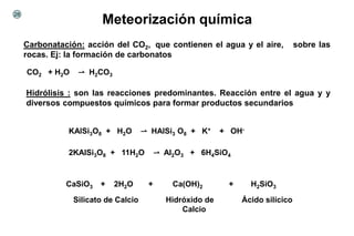 Meteorización química
Carbonatación: acción del CO2, que contienen el agua y el aire, sobre las
rocas. Ej: la formación de carbonatos
Hidrólisis : son las reacciones predominantes. Reacción entre el agua y y
diversos compuestos químicos para formar productos secundarios
CaSiO3 + 2H2O + Ca(OH)2 + H2SiO3
Silicato de Calcio Hidróxido de
Calcio
Ácido silícico
2KAlSi3O8 + 11H2O ⇀ Al2O3 + 6H4SiO4
KAlSi3O8 + H2O ⇀ HAlSi3 O8 + K+ + OH-
CO2 + H2O ⇀ H2CO3
28
 