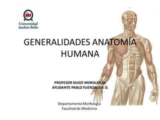 GENERALIDADES ANATOMÍA
HUMANA
PROFESOR HUGO MORALES M.
AYUDANTE PABLO FUENZALIDA O.
DepartamentoMorfología
Facultad de Medicina
 