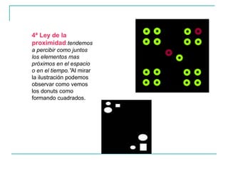 4ª Ley de la
proximidad:tendemos
a percibir como juntos
los elementos mas
próximos en el espacio
o en el tiempo.”Al mirar
la ilustración podemos
observar como vemos
los donuts como
formando cuadrados.
 