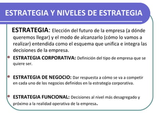 ESTRATEGIA Y NIVELES DE ESTRATEGIA 
ESTRATEGIA: Elección del futuro de la empresa (a dónde 
queremos llegar) y el modo de alcanzarlo (cómo lo vamos a 
realizar) entendida como el esquema que unifica e integra las 
decisiones de la empresa. 
 ESTRATEGIA CORPORATIVA: Definición del tipo de empresa que se 
quiere ser. 
 ESTRATEGIA DE NEGOCIO: Dar respuesta a cómo se va a competir 
en cada uno de los negocios definidos en la estrategia corporativa. 
 ESTRATEGIA FUNCIONAL: Decisiones al nivel más desagregado y 
próximo a la realidad operativa de la empresa. 
 