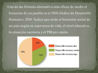 Una de las fórmula alternativa más eficaz de medir el
bienestar de un pueblo es el IDH (Índice de Desarrollo
Humano). IDH: Índice que mide el bienestar social de
un país según su esperanza de vida, el nivel educativo,
la situación sanitaria y el PIB per cápita.
 