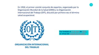 12
En 1950, el primer comité conjunto de expertos, organizado por la
Organización Mundial de la Salud (OMS) y la Organización
Internacional del Trabajo (OIT), discutió por primera vez el término
salud ocupacional.
Fue fundada el 11 de abril de 1919,
en virtud del Tratado de Versalles.
 