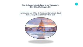 22
Plan de Acción sobre la Salud de los Trabajadores
2015-2025, Washington, 2015
consonancia con el Plan de Acción Mundial sobre la Salud
de los Trabajadores 2008-2017 de la OMS
 