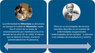29
La enfermedad de Minamata se denomina
así porque la ciudad de Minamata, Japón,
fue el centro de un brote de
envenenamiento por metilmercurio en la
década de los años 50. En 1956, el año en
que se detectó el brote, murieron
aproximadamente 45 personas.
Plinio en su enciclopedia de ciencias
naturales describe un sin numero de
enfermedades ocupacionales
``enfermedades de los esclavos`` a referirse
a los trabajos de manufactura y minería.
 