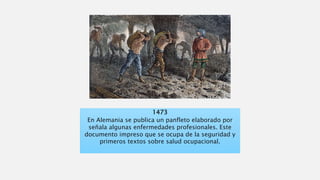 34
1473
En Alemania se publica un panfleto elaborado por
señala algunas enfermedades profesionales. Este
documento impreso que se ocupa de la seguridad y
primeros textos sobre salud ocupacional.
 
