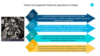 62
La primera legislación federal de seguridad se promulgó
en el periodo progresista . En 1893, el Congreso aprobó la Ley de los
dispositivos de seguridad
Con el respaldo de los sindicatos , muchos estados promulgaron
también de compensación al trabajador leyes que desalientan a los
empleadores que permite lugares de trabajo inseguros.
La producción industrial aumentó significativamente en los
Estados Unidos durante la Segunda Guerra Mundial , y los
accidentes industriales se disparó
Ganar la guerra tomó precedencia sobre la seguridad, y la mayoría de los
sindicatos estaban más preocupados con el mantenimiento de los salarios
en la cara de la inflación graves que con la salud y seguridad en el trabajo
Historia de la legislación federal de seguridad en el trabajo
 