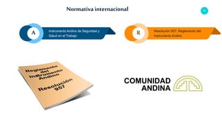 66
Instrumento Andino de Seguridad y
Salud en el Trabajo
Resolución 957. Reglamento del
Instrumento Andino
RA
Normativa internacional
 