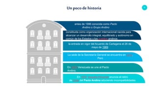 67
Un poco de historia
antes de 1996 conocida como Pacto
Andino o Grupo Andino
constituida como organización internacional nacida para
alcanzar un desarrollo integral, equilibrado y autónomo en
común de los Estados y los pueblos andinos
la entrada en vigor del Acuerdo de Cartagena el 26 de
mayo de 1969
La sede de la Secretaría General se encuentra en Lima,
Perú
En 1973 Venezuela se une al Pacto
Andino.
En 1976, Augusto Pinochet anuncia el retiro
de Chile del Pacto Andino aduciendo incompatibilidades
económicas..
 
