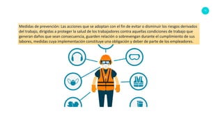 73
Medidas de prevención: Las acciones que se adoptan con el fin de evitar o disminuir los riesgos derivados
del trabajo, dirigidas a proteger la salud de los trabajadores contra aquellas condiciones de trabajo que
generan daños que sean consecuencia, guarden relación o sobrevengan durante el cumplimiento de sus
labores, medidas cuya implementación constituye una obligación y deber de parte de los empleadores.
 