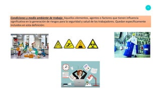 77
Condiciones y medio ambiente de trabajo: Aquellos elementos, agentes o factores que tienen influencia
significativa en la generación de riesgos para la seguridad y salud de los trabajadores. Quedan específicamente
incluidos en esta definición:
 