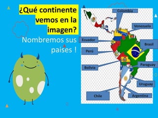 ¿Qué continente
vemos en la
imagen?
Nombremos sus
paises !
Brasil
Argentina
Uruguay
Paraguay
Bolivia
Perú
Chile
Ecuador
Venezuela
Colombia
 