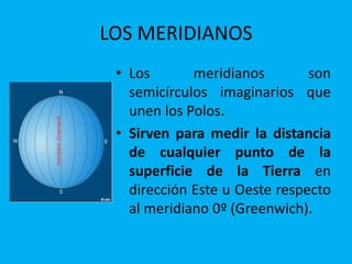 LOS MERIDIANOS
• Los meridianos son
semicírculos imaginarios que
unen los Polos.
• Sirven para medir la distancia
de cualquier punto de la
superficie de la Tierra en
dirección Este u Oeste respecto
al meridiano 0º (Greenwich).
 