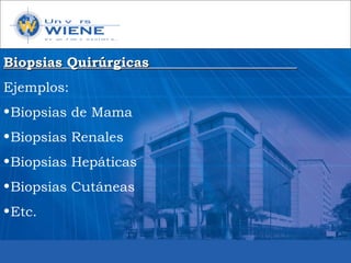 Biopsias QuirúrgicasBiopsias Quirúrgicas
Ejemplos:
•Biopsias de Mama
•Biopsias Renales
•Biopsias Hepáticas
•Biopsias Cutáneas
•Etc.
 
