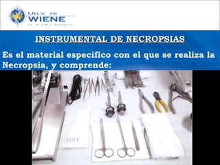 INSTRUMENTAL DE NECROPSIASINSTRUMENTAL DE NECROPSIAS
Es el material especifico con el que se realiza la
Necropsia, y comprende:
 