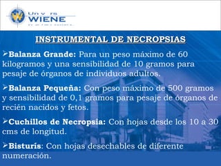 INSTRUMENTAL DE NECROPSIASINSTRUMENTAL DE NECROPSIAS
Balanza Grande: Para un peso máximo de 60
kilogramos y una sensibilidad de 10 gramos para
pesaje de órganos de individuos adultos.
Balanza Pequeña: Con peso máximo de 500 gramos
y sensibilidad de 0,1 gramos para pesaje de órganos de
recién nacidos y fetos.
Cuchillos de Necropsia: Con hojas desde los 10 a 30
cms de longitud.
Bisturís: Con hojas desechables de diferente
numeración.
 