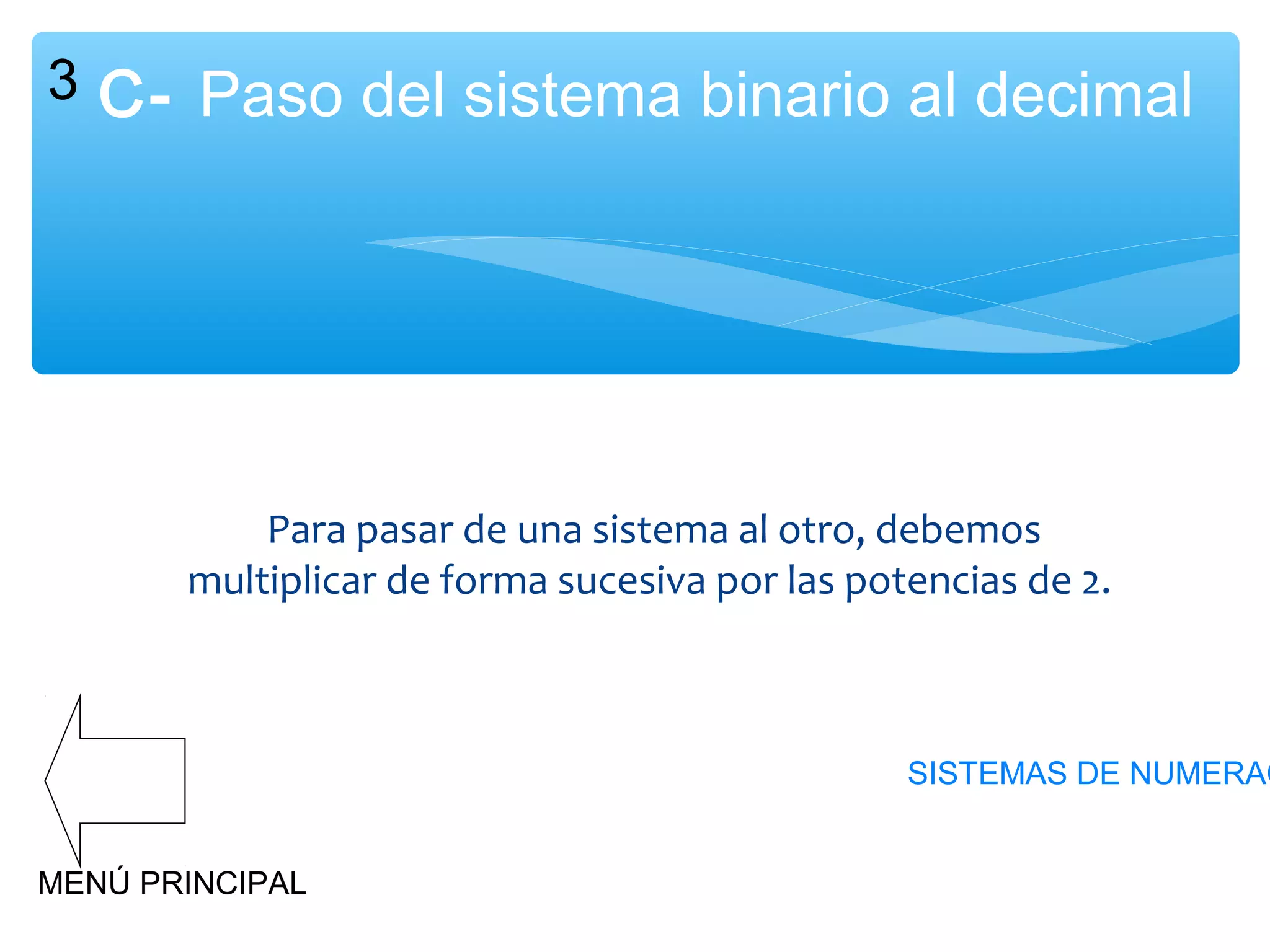3 C- Paso del sistema binario al decimal

Para pasar de una sistema al otro, debemos
multiplicar de forma sucesiva por las potencias de 2.

SISTEMAS DE NUMERAC
MENÚ PRINCIPAL

 
