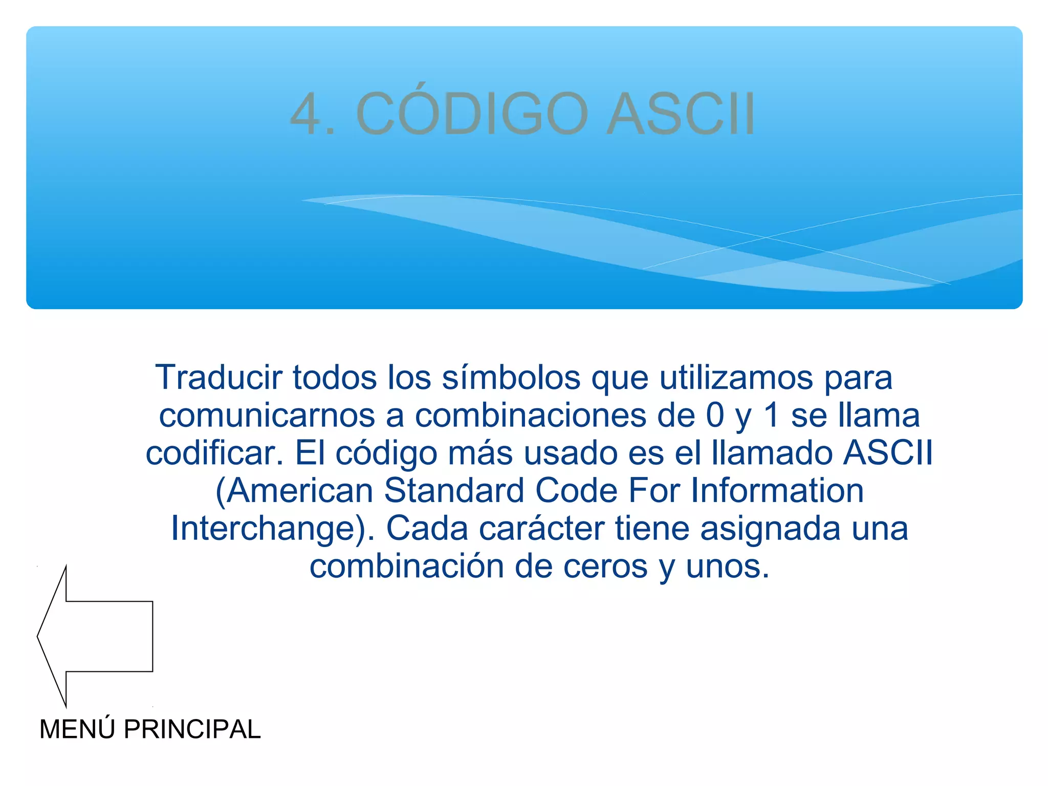 4. CÓDIGO ASCII

Traducir todos los símbolos que utilizamos para
comunicarnos a combinaciones de 0 y 1 se llama
codificar. El código más usado es el llamado ASCII
(American Standard Code For Information
Interchange). Cada carácter tiene asignada una
combinación de ceros y unos.

MENÚ PRINCIPAL

 
