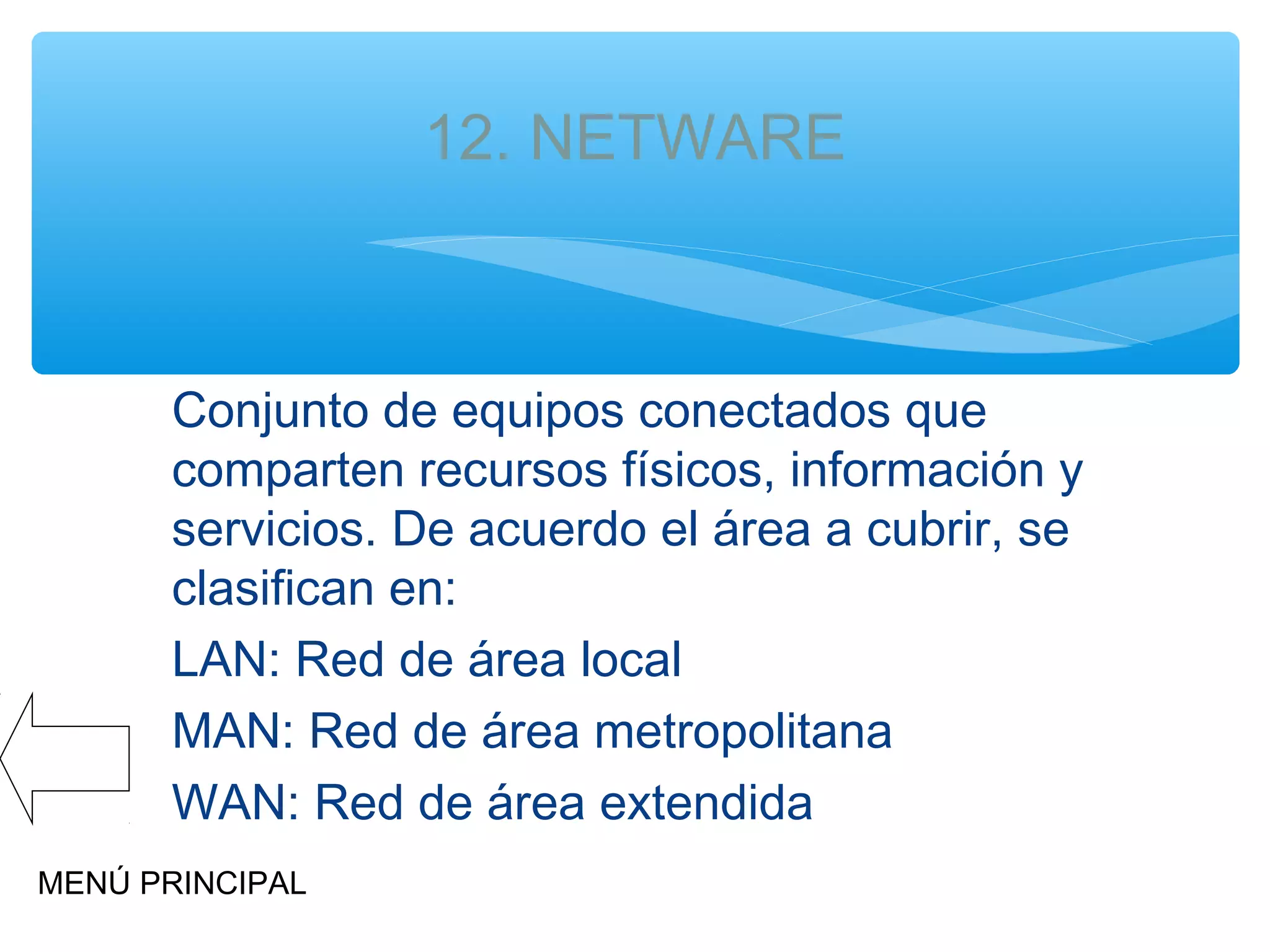 12. NETWARE

Conjunto de equipos conectados que
comparten recursos físicos, información y
servicios. De acuerdo el área a cubrir, se
clasifican en:
LAN: Red de área local
MAN: Red de área metropolitana
WAN: Red de área extendida
MENÚ PRINCIPAL

 