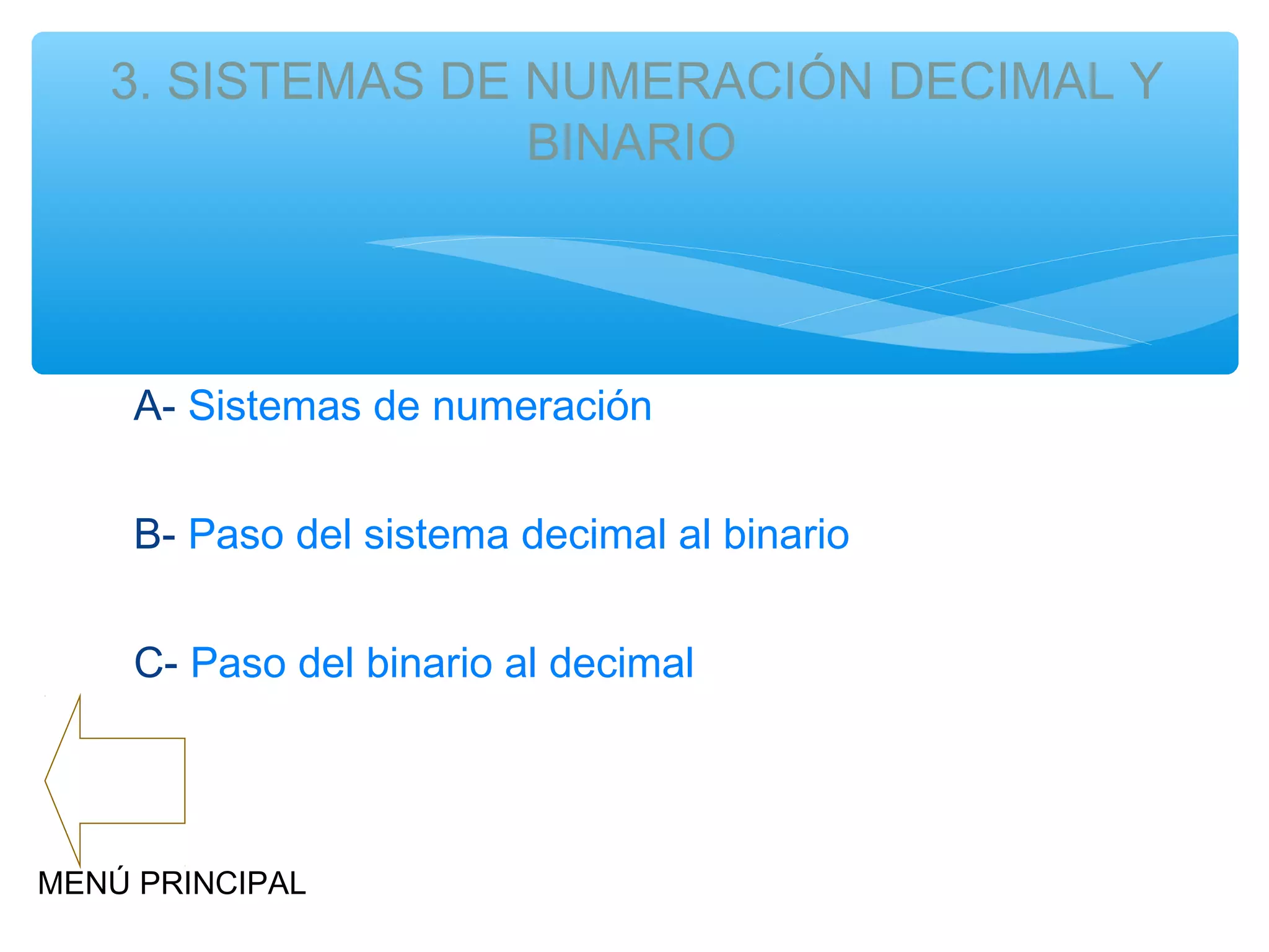 3. SISTEMAS DE NUMERACIÓN DECIMAL Y
BINARIO

A- Sistemas de numeración
B- Paso del sistema decimal al binario
C- Paso del binario al decimal

MENÚ PRINCIPAL

 