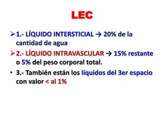 LEC
1.- LÍQUIDO INTERSTICIAL → 20% de la
cantidad de agua
2.- LÍQUIDO INTRAVASCULAR → 15% restante
o 5% del peso corporal total.
• 3.- También están los líquidos del 3er espacio
con valor < al 1%
 