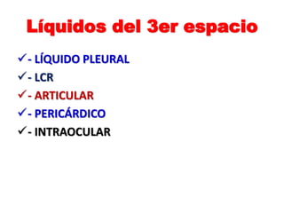 Líquidos del 3er espacio
- LÍQUIDO PLEURAL
- LCR
- ARTICULAR
- PERICÁRDICO
- INTRAOCULAR
 
