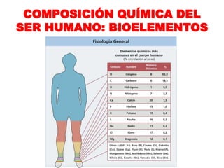 COMPOSICIÓN QUÍMICA DEL
SER HUMANO: BIOELEMENTOS
 