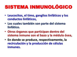 SISTEMA INMUNOLÓGICO
• Leucocitos, el timo, ganglios linfáticos y los
conductos linfáticos,
• Los cuales también son parte del sistema
linfático.
• Otros órganos que participan dentro del
sistema inmune son el bazo y la médula ósea,
• En donde se produce, respectivamente, la
recirculación y la producción de células
inmunes.
 