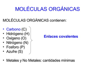 MOLÉCULAS ORGÁNICAS

MOLÉCULAS ORGÁNICAS contienen:

•   Carbono (C)
•   Hidrógeno (H)
•   Oxígeno (O)        Enlaces covalentes
•   Nitrógeno (N)
•   Fosforo (P)
•   Azufre (S)

• Metales y No Metales: cantidades mínimas
 