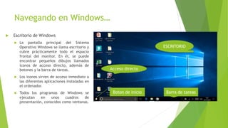 Navegando en Windows…
 Escritorio de Windows
 La pantalla principal del Sistema
Operativo Windows se llama escritorio y
cubre prácticamente todo el espacio
frontal del monitor. En él, se puede
encontrar pequeños dibujos llamados
iconos de acceso directo, además de
botones y la barra de tareas.
 Los iconos sirven de acceso inmediato a
las diferentes aplicaciones instaladas en
el ordenador.
 Todos los programas de Windows se
ejecutan en unos cuadros de
presentación, conocidos como ventanas.
ESCRITORIO
Barra de tareas
Boton de inicio
Acceso directo
 