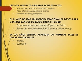 o DÉCADA 1960-1970: PRIMERAS BASES DE DATOS
• Aplicaciones Ad-hoc, Orientadas a registro.
• Poco eficientes, propensos a errores.
• Modelos en red y jerárquicos.
o EN EL AÑO DE 1969: UN MODELO RELACONAL DE DATOS PARA
GRANDES BANCOS DE DATOS. EDGAR F. CODD.
• Proponía separar el modelo lógico del físico.
• Bases del modelo relacional, el mas utilizado hoy.
o EN LOS AÑOS SETENTA: APARECEN LAS PRIMERAS BASES DE
DATOS RELACIONALES.
• Ingres.
• System R
 