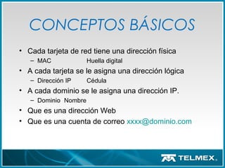 • Cada tarjeta de red tiene una dirección física
– MAC Huella digital
• A cada tarjeta se le asigna una dirección lógica
– Dirección IP Cédula
• A cada dominio se le asigna una dirección IP.
– Dominio Nombre
• Que es una dirección Web
• Que es una cuenta de correo xxxx@dominio.com
CONCEPTOS BÁSICOS
 
