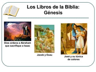 Los Libros de la Biblia:Los Libros de la Biblia:
Génesis
Dios ordena a Abraham
que sacrifique a Isaac
Jacob y Esau
José y su túnica
de colores
 