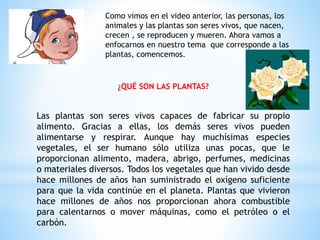 Como vimos en el video anterior, las personas, los
animales y las plantas son seres vivos, que nacen,
crecen , se reproducen y mueren. Ahora vamos a
enfocarnos en nuestro tema que corresponde a las
plantas, comencemos.
¿QUÉ SON LAS PLANTAS?
Las plantas son seres vivos capaces de fabricar su propio
alimento. Gracias a ellas, los demás seres vivos pueden
alimentarse y respirar. Aunque hay muchísimas especies
vegetales, el ser humano sólo utiliza unas pocas, que le
proporcionan alimento, madera, abrigo, perfumes, medicinas
o materiales diversos. Todos los vegetales que han vivido desde
hace millones de años han suministrado el oxígeno suficiente
para que la vida continúe en el planeta. Plantas que vivieron
hace millones de años nos proporcionan ahora combustible
para calentarnos o mover máquinas, como el petróleo o el
carbón.
 