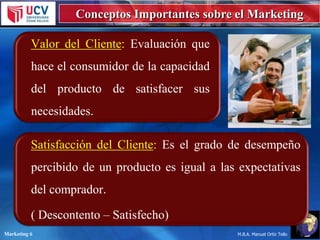 Conceptos Importantes sobre el Marketing
Valor del Cliente: Evaluación que
hace el consumidor de la capacidad
del producto de satisfacer sus
necesidades.

Satisfacción del Cliente: Es el grado de desempeño
percibido de un producto es igual a las expectativas
del comprador.
( Descontento – Satisfecho)
Marketing 6

M.B.A. Manuel Ortiz Tello

 
