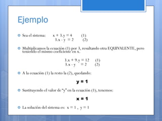 Ejemplo
   Sea el sistema:    x + 3.y = 4       (1)
                        3.x - y = 2       (2)
   Multiplicamos la ecuación (1) por 3, resultando otra EQUIVALENTE, pero
    teniendo el mismo coeficiente en x.
                              3.x + 9.y = 12       (1)
                              3.x - y = 2          (2)
   A la ecuación (1) la resto la (2), quedando:
                                      y=1
   Sustituyendo el valor de “y” en la ecuación (1), tenemos:
                                      x=1
   La solución del sistema es: x = 1 , y = 1
 
