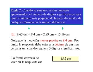 Regla 2. Cuando se suman o restan números
aproximados, el número de dígitos significativos será
      i d      l ú       d dí i     i ifi i         á
igual al número más pequeño de lugares decimales de
cualquier término en la suma o diferencia.
                               diferencia


Ej: 9.65 cm + 8.4 cm – 2.89 cm = 15.16 cm
Note que la medición menos precisa es 8 4 cm. Por
                                         8.4 cm
tanto, la respuesta debe estar a la décima de cm más
cercana aun cuando requiera 3 dígitos significativos.
                       q           g      g

La forma correcta de                  15.2
                                      15 2 cm
escribir la respuesta es:
 
