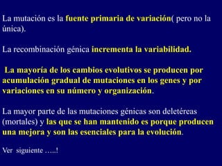 La mutación es la fuente primaria de variación( pero no la
única).
La recombinación génica incrementa la variabilidad.
La mayoría de los cambios evolutivos se producen por
acumulación gradual de mutaciones en los genes y por
variaciones en su número y organización.
La mayor parte de las mutaciones génicas son deletéreas
(mortales) y las que se han mantenido es porque producen
una mejora y son las esenciales para la evolución.
Ver siguiente …..!
 