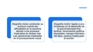 Disgrafía mixta o profunda: se
produce cuando las
dificultades en la escritura
afectan a los procesos
implicados en ambas vías.
Las operaciones implicadas
en el procesamiento visual.
Disgrafía motriz: ligada a una
inmadurez en el desarrollo de
la psicomotricidad fina:
lentitud, movimientos gráficos
disociados, manejo incorrecto
del lápiz, postura inadecuada
al escribir.
 