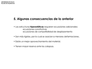 UNIVERSIDAD DE TALCA Escuela de Arquitectura 5. Algunas consecuencias de lo anterior Las estructuras  hiperestáticas  requieren ecuaciones adicionales: ecuaciones constitutivas ecuaciones de compatibilidad de desplazamiento Son más rígidas, por lo cual se asocian a menores deformaciones. Existe un mejor aprovechamiento del material.  Tienen mayor reserva ante los colapsos. 