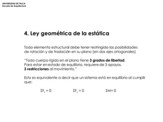 UNIVERSIDAD DE TALCA Escuela de Arquitectura 4. Ley geométrica de la estática Todo elemento estructural debe tener restringida las posibilidades de rotación y de traslación en su plano (en dos ejes ortogonales)  “ Todo cuerpo rígido en el plano tiene  3 grados de libertad .  Para estar en estado de equilibrio, requiere de 3 apoyos, 3 restricciones  al movimiento.” Esto es equivalente a decir que un sistema está en equilibrio al cumplir que: Σ F x  = 0 Σ F y  = 0 Σ M= 0 