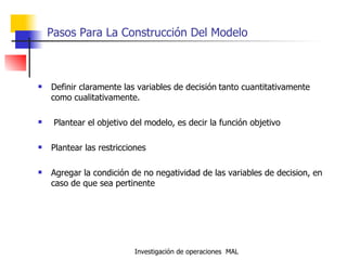 Pasos Para La Construcción Del Modelo Definir claramente las variables de decisión   tanto cuantitativamente como cualitativamente. Plantear el objetivo del modelo, es decir la función objetivo Plantear las restricciones   Agregar la condición de no negatividad de las variables de decision, en caso de que sea pertinente   