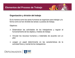 Elementos del Proceso de Trabajo


   Organización y división del trabajo

   Es la manera como los seres humanos se organizan para trabajar y la
   forma como se han dividido las tareas o puestos de trabajo.

   Objetivos:

    Sistematizar las actividades de los trabajadores y regular el
     funcionamiento de los objetos y medios de trabajo

    Vincular los recursos humanos y materiales de acuerdo con un
     plan

    Juegan un papel determinante en las características de la
     actividad física y mental de los trabajadores
 