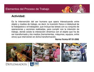 Elementos del Proceso de Trabajo

    Actividad:
    Es la intervención del ser humano que opera interactuando entre
    objeto y medios de trabajo, es decir, la inversión física e intelectual de
    la trabajadora o el trabajador, que incluye las tareas con su conjunto de
    operaciones y acciones realizadas, para cumplir con la intención de
    trabajo, donde existe la interacción dinámica con el objeto que ha de
    ser transformado y los medios (herramientas, máquinas, equipos, entre
    otros) que intervienen en dicha transformación.
                                                     Norma Técnica NT 01-2008
 
