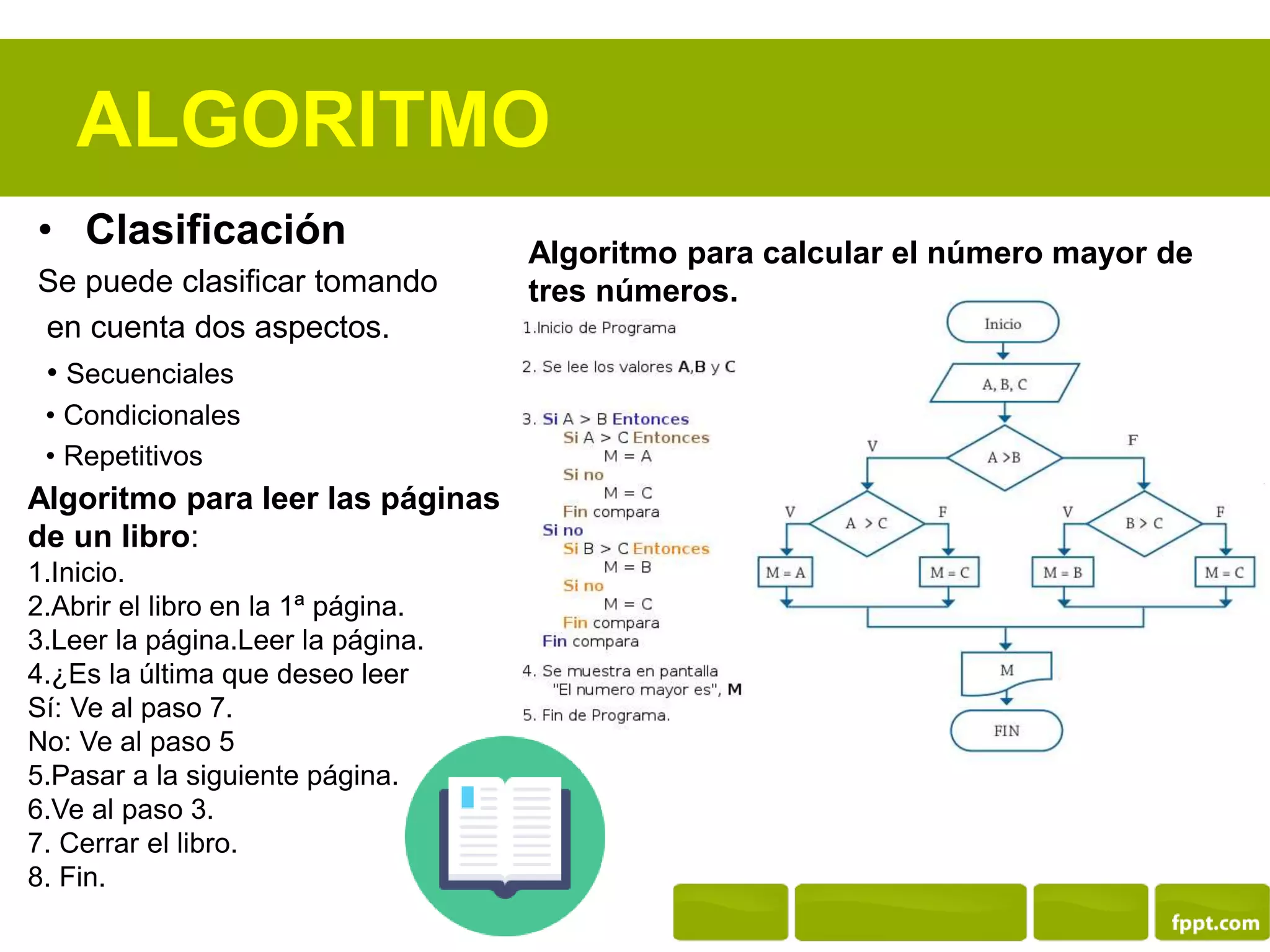 ALGORITMO
• Clasificación
Se puede clasificar tomando
en cuenta dos aspectos.
• Secuenciales
• Condicionales
• Repetitivos
Algoritmo para leer las páginas
de un libro:
1.Inicio.
2.Abrir el libro en la 1ª página.
3.Leer la página.Leer la página.
4.¿Es la última que deseo leer
Sí: Ve al paso 7.
No: Ve al paso 5
5.Pasar a la siguiente página.
6.Ve al paso 3.
7. Cerrar el libro.
8. Fin.
Algoritmo para calcular el número mayor de
tres números.
 